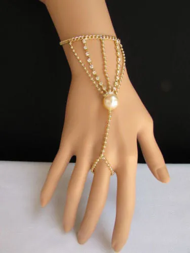 Gold Silver Thin Dressy Hand Chain Bracelet Big Imitation Pearl Bead Net Wrist