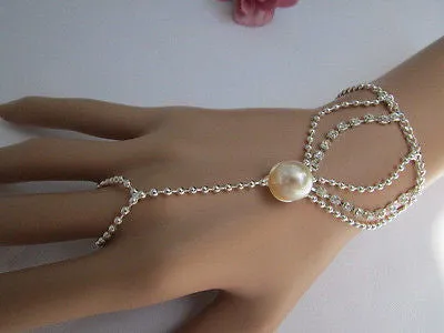 Gold Silver Thin Dressy Hand Chain Bracelet Big Imitation Pearl Bead Net Wrist