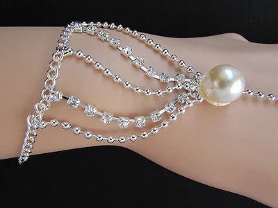 Gold Silver Thin Dressy Hand Chain Bracelet Big Imitation Pearl Bead Net Wrist