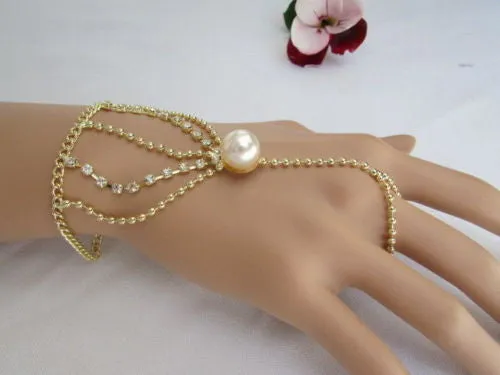 Gold Silver Thin Dressy Hand Chain Bracelet Big Imitation Pearl Bead Net Wrist