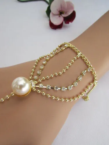 Gold Silver Thin Dressy Hand Chain Bracelet Big Imitation Pearl Bead Net Wrist