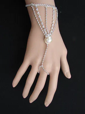 Gold Silver Thin Dressy Hand Chain Bracelet Big Imitation Pearl Bead Net Wrist