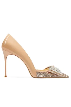 Gold Stiletto Heel Bow Mid Heel Pumps