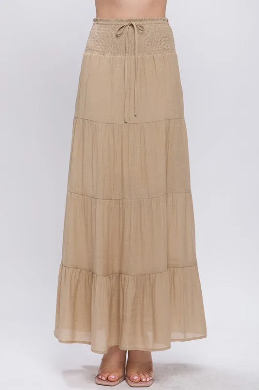 Khaki Smocked Maxi Skirt