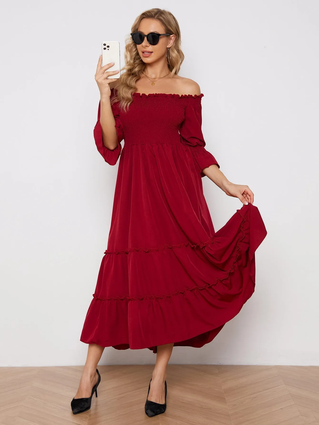 KittenAlarm - Off Shoulder Solid Color Slit Pleated Long Sleeve Dress