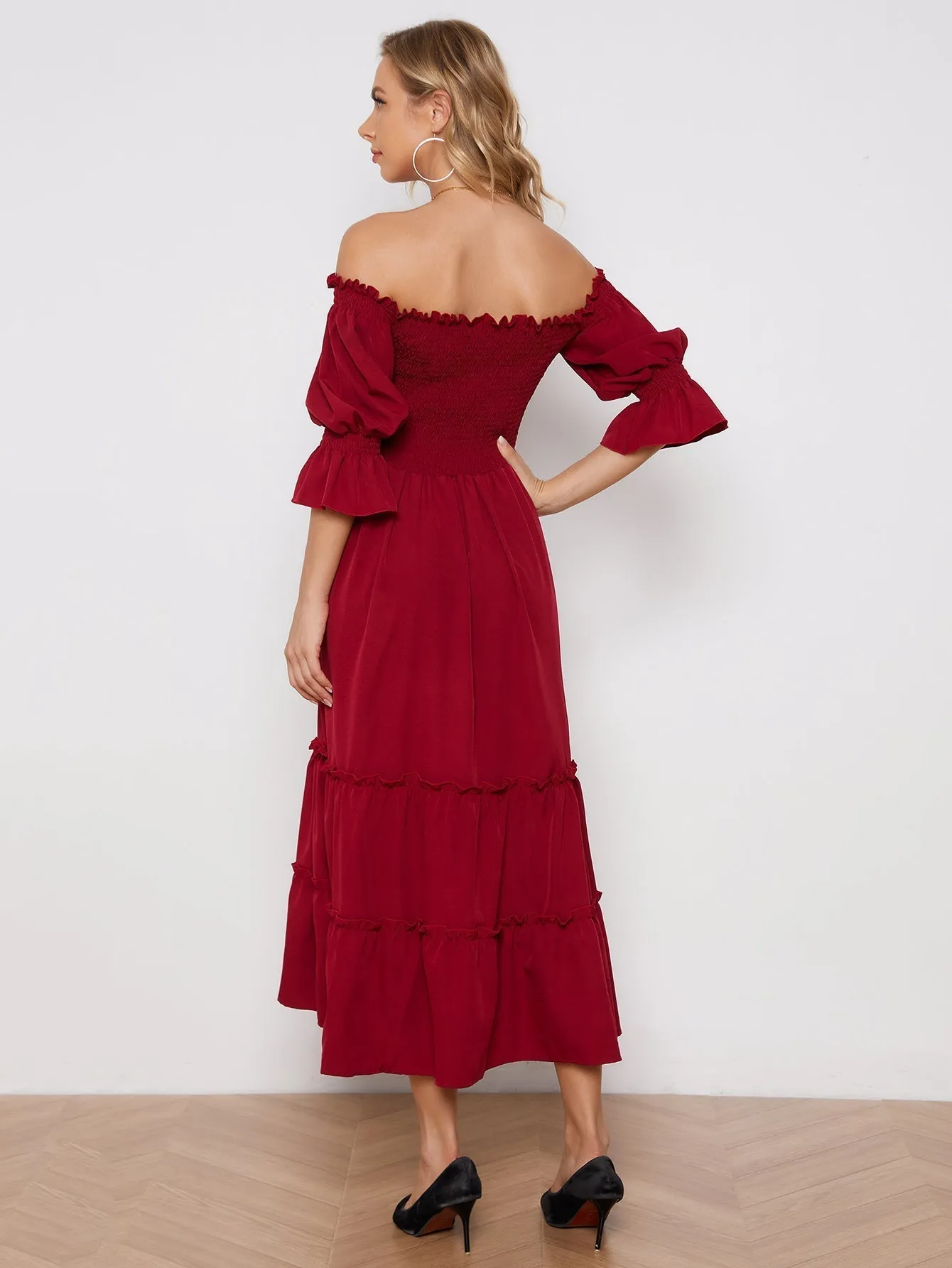 KittenAlarm - Off Shoulder Solid Color Slit Pleated Long Sleeve Dress