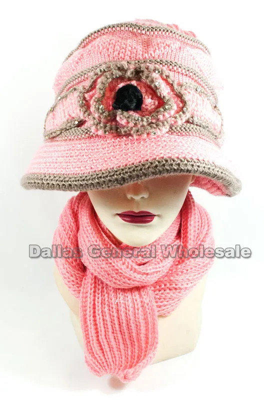 Ladies Knitted Visor Beanie Cap with Scarf Set Wholesale