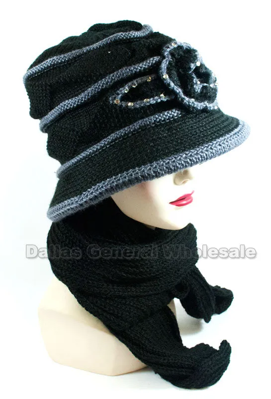 Ladies Knitted Visor Beanie Cap with Scarf Set Wholesale