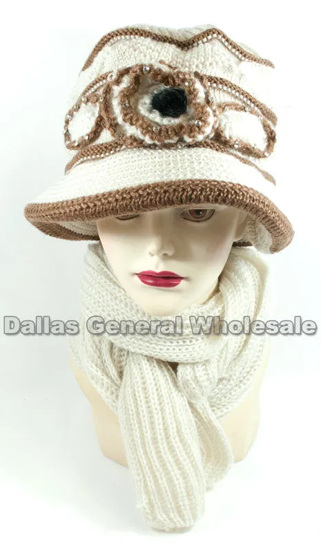 Ladies Knitted Visor Beanie Cap with Scarf Set Wholesale