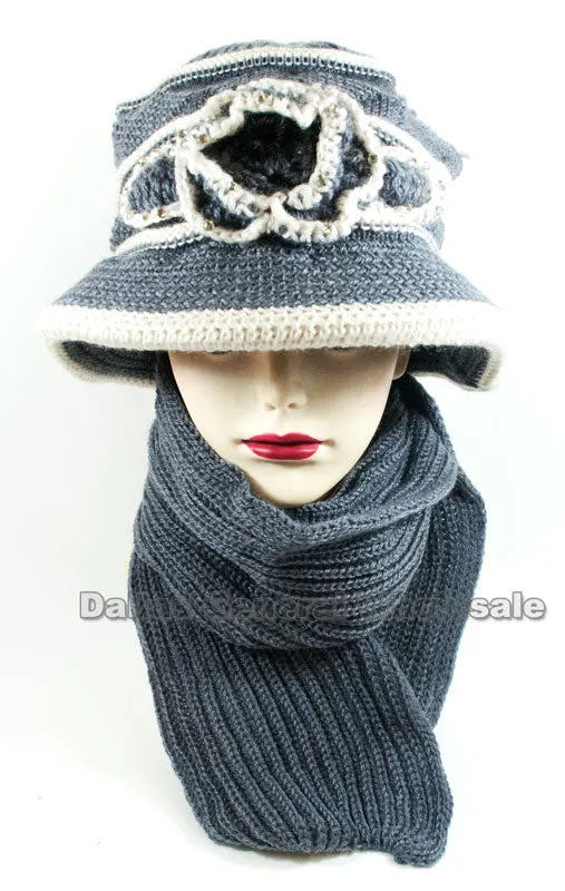 Ladies Knitted Visor Beanie Cap with Scarf Set Wholesale