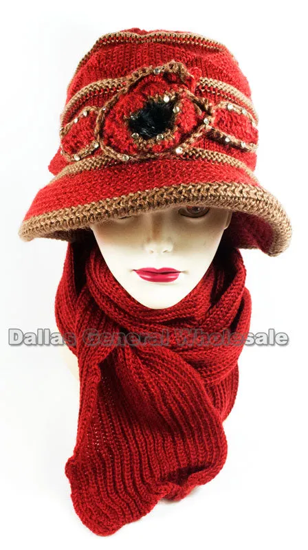 Ladies Knitted Visor Beanie Cap with Scarf Set Wholesale