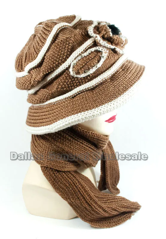 Ladies Knitted Visor Beanie Cap with Scarf Set Wholesale