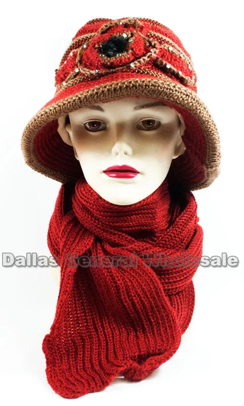 Ladies Knitted Visor Beanie Cap with Scarf Set Wholesale