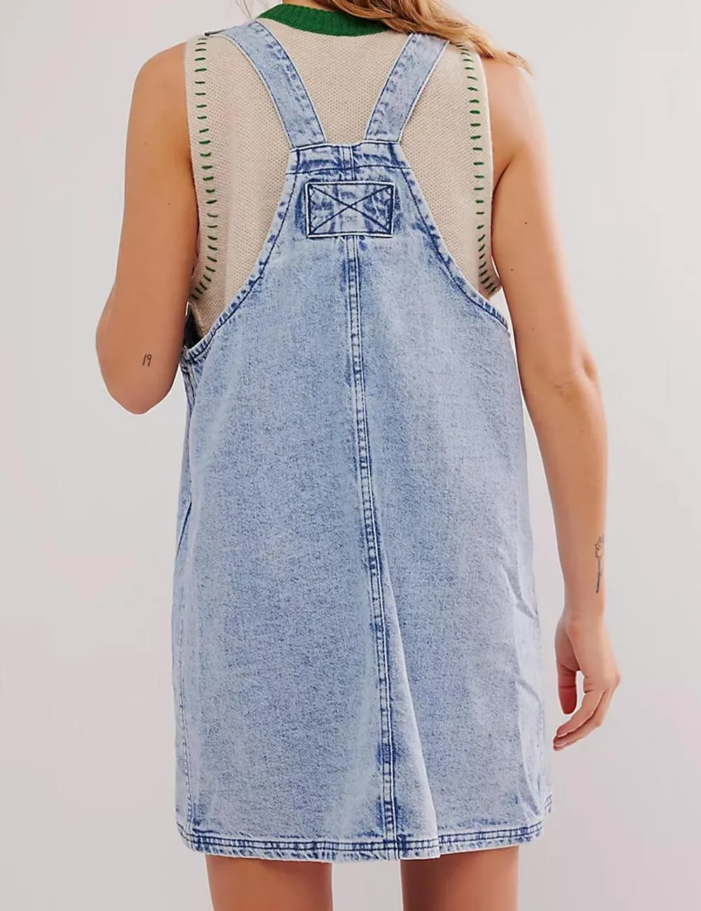 Ladies Pocket Denim Mini Overall Dress SKD549