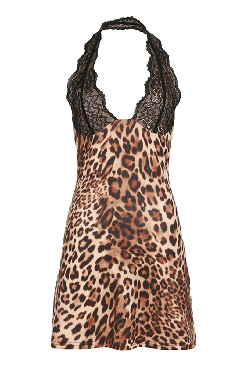 Leopard Lace Panel Halter Sleeveless Backless Mini Dress