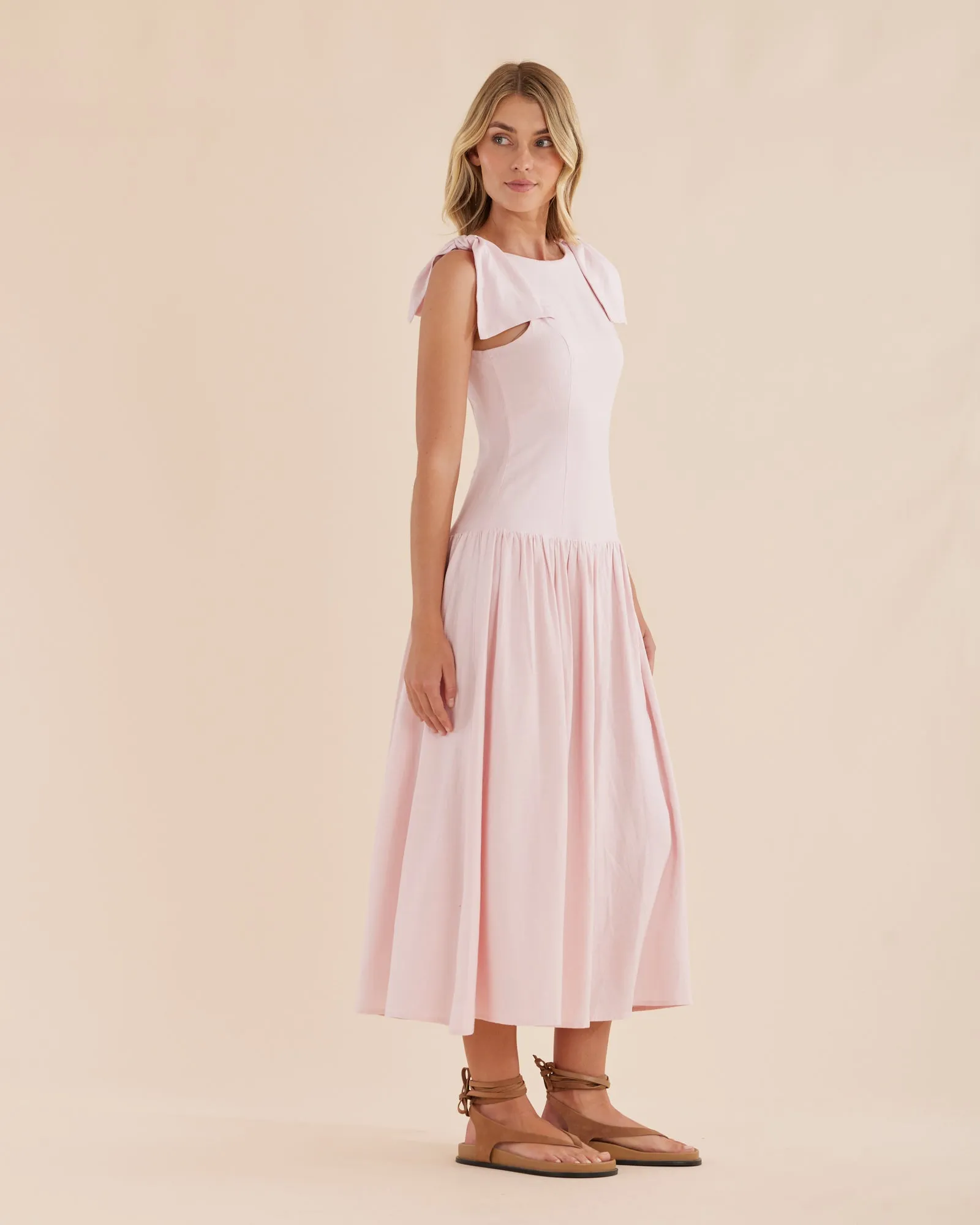 Mavie Bow Linen Maxi Dress - Rosewater