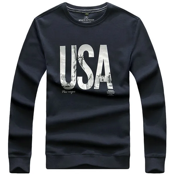 Mens Fashion USA Pattern Thicken Crew Neck Long Sleeve Cotton Casual Sweatshirt