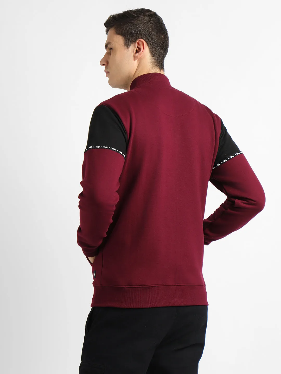 Men's Mock Neck Regular Fit Panelling Maroon Sweatshirt