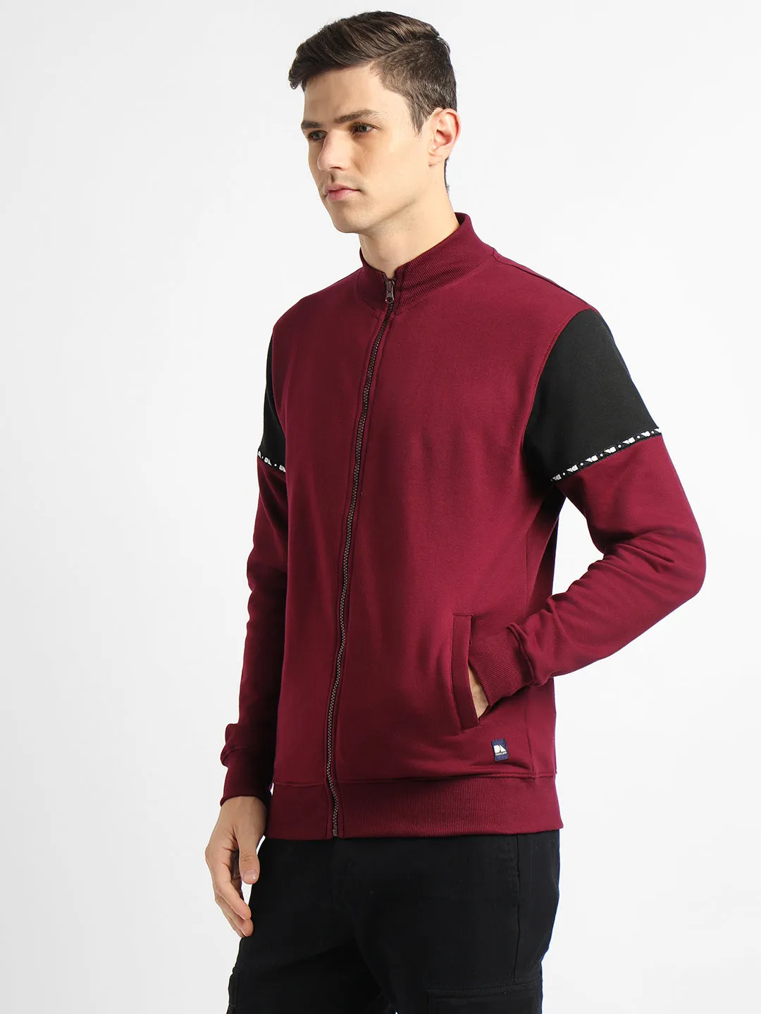 Men's Mock Neck Regular Fit Panelling Maroon Sweatshirt