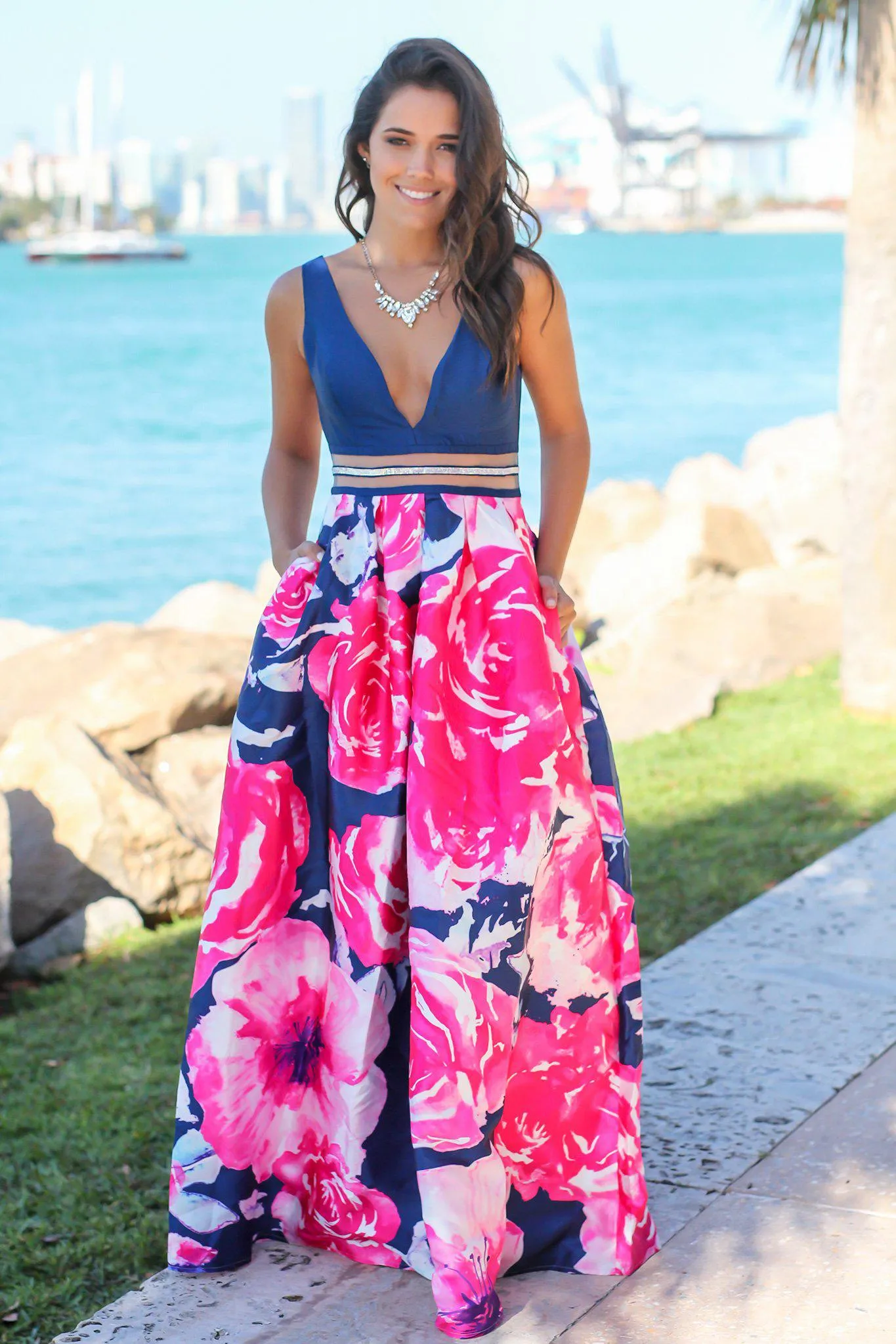 Navy and Fuchsia Floral Maxi Dress with Waist Detail