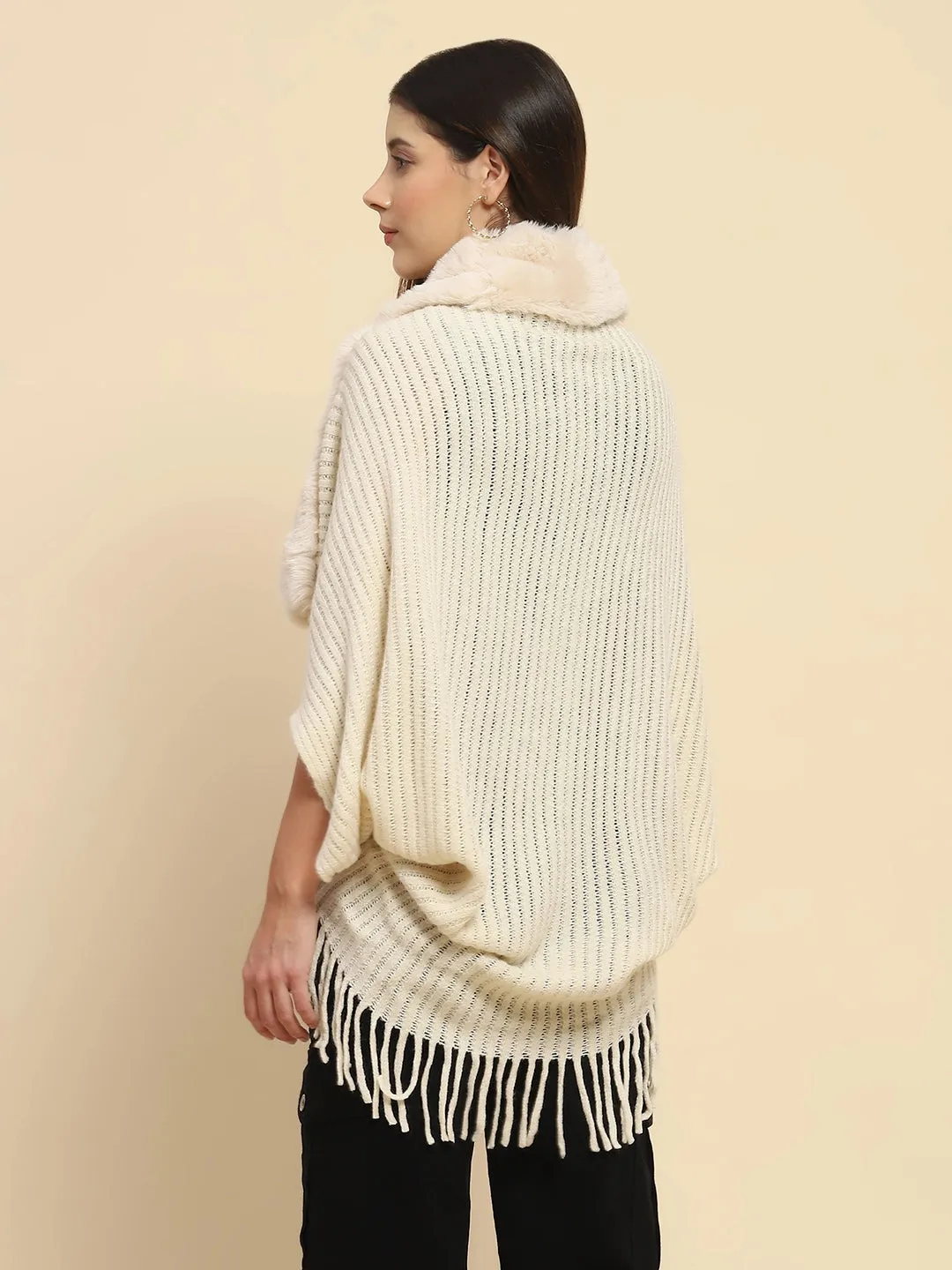 Off White Acrylic Knitted Relaxed Fit Cape