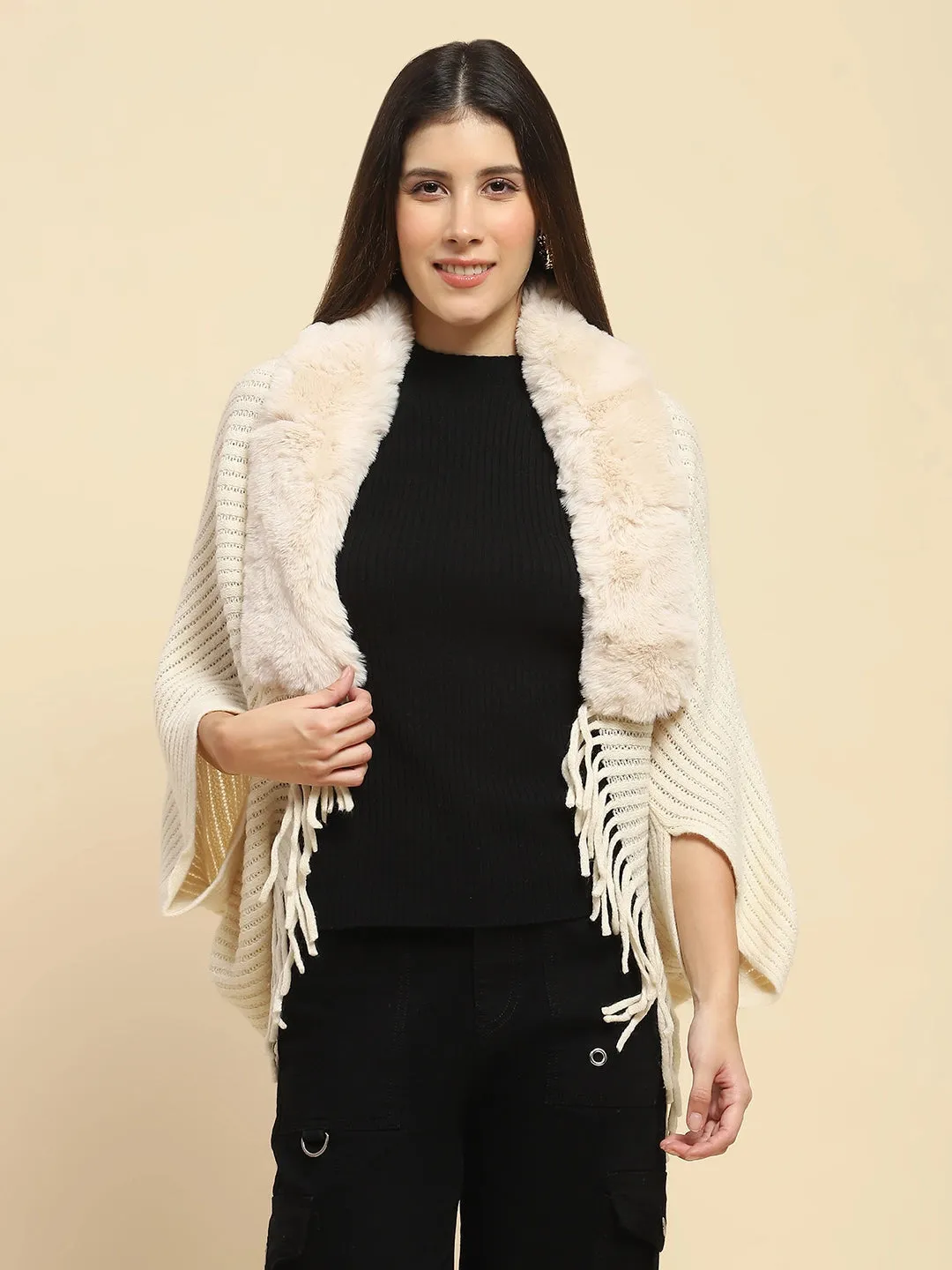 Off White Acrylic Knitted Relaxed Fit Cape