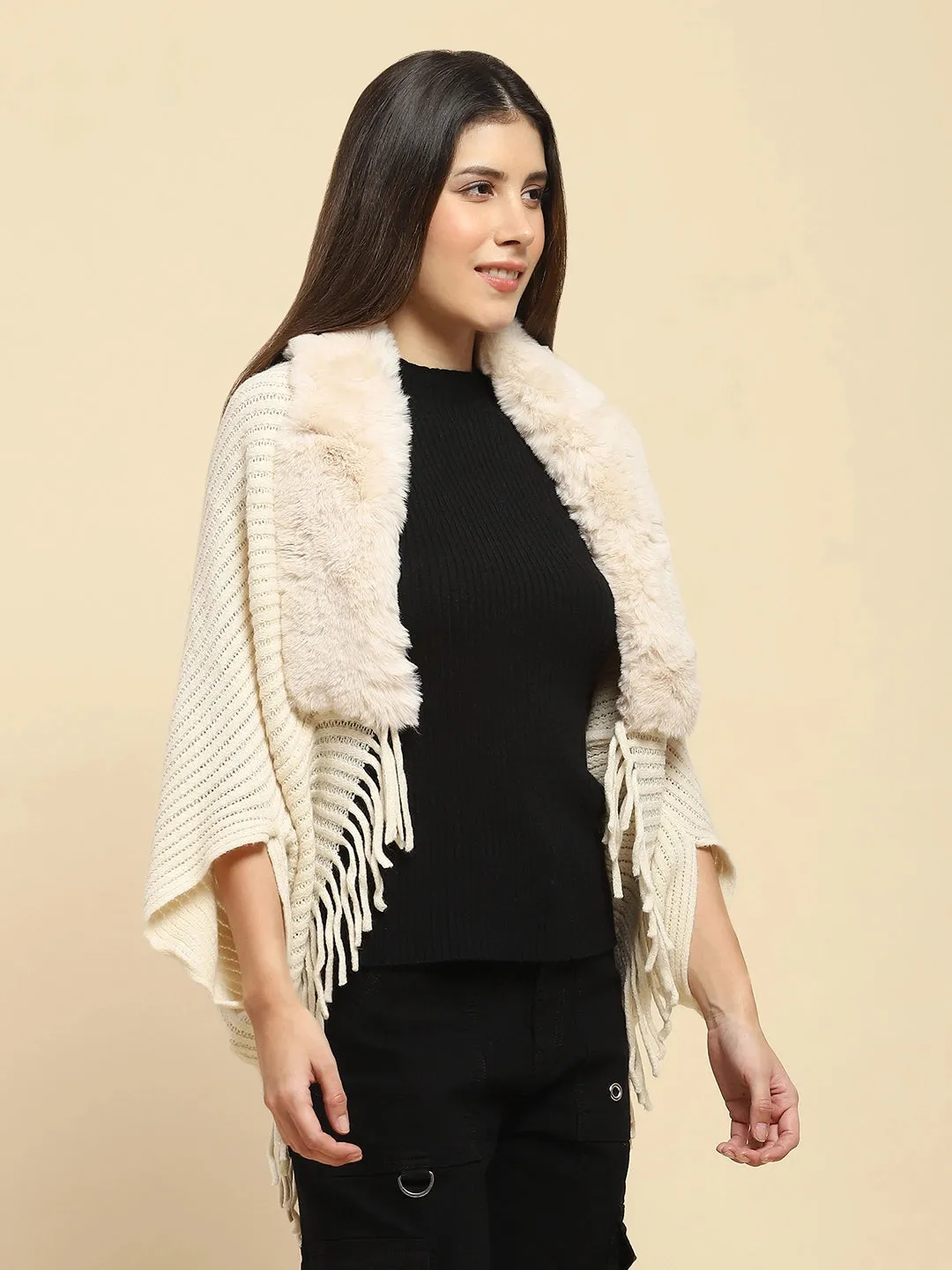 Off White Acrylic Knitted Relaxed Fit Cape