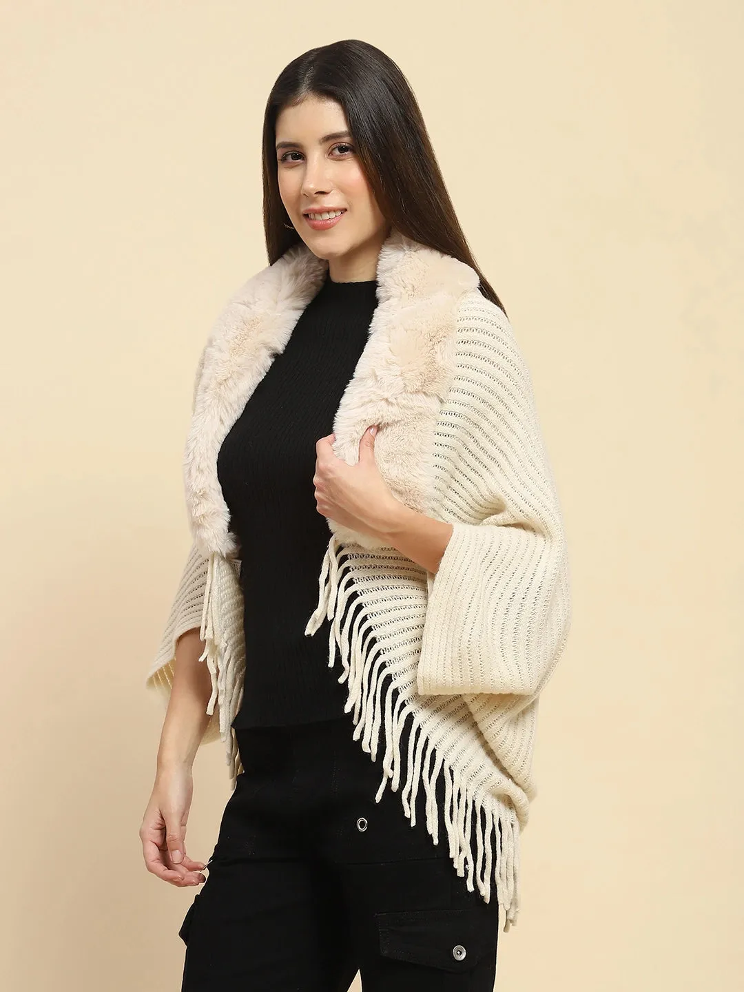 Off White Acrylic Knitted Relaxed Fit Cape