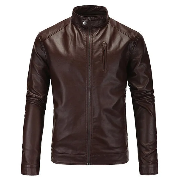 Plus Size Casual Business Motorcycle Washable PU Leather Jacket Stand Collar Coat For Men