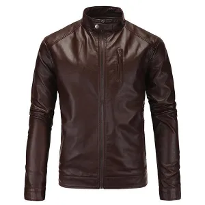 Plus Size Casual Business Motorcycle Washable PU Leather Jacket Stand Collar Coat For Men