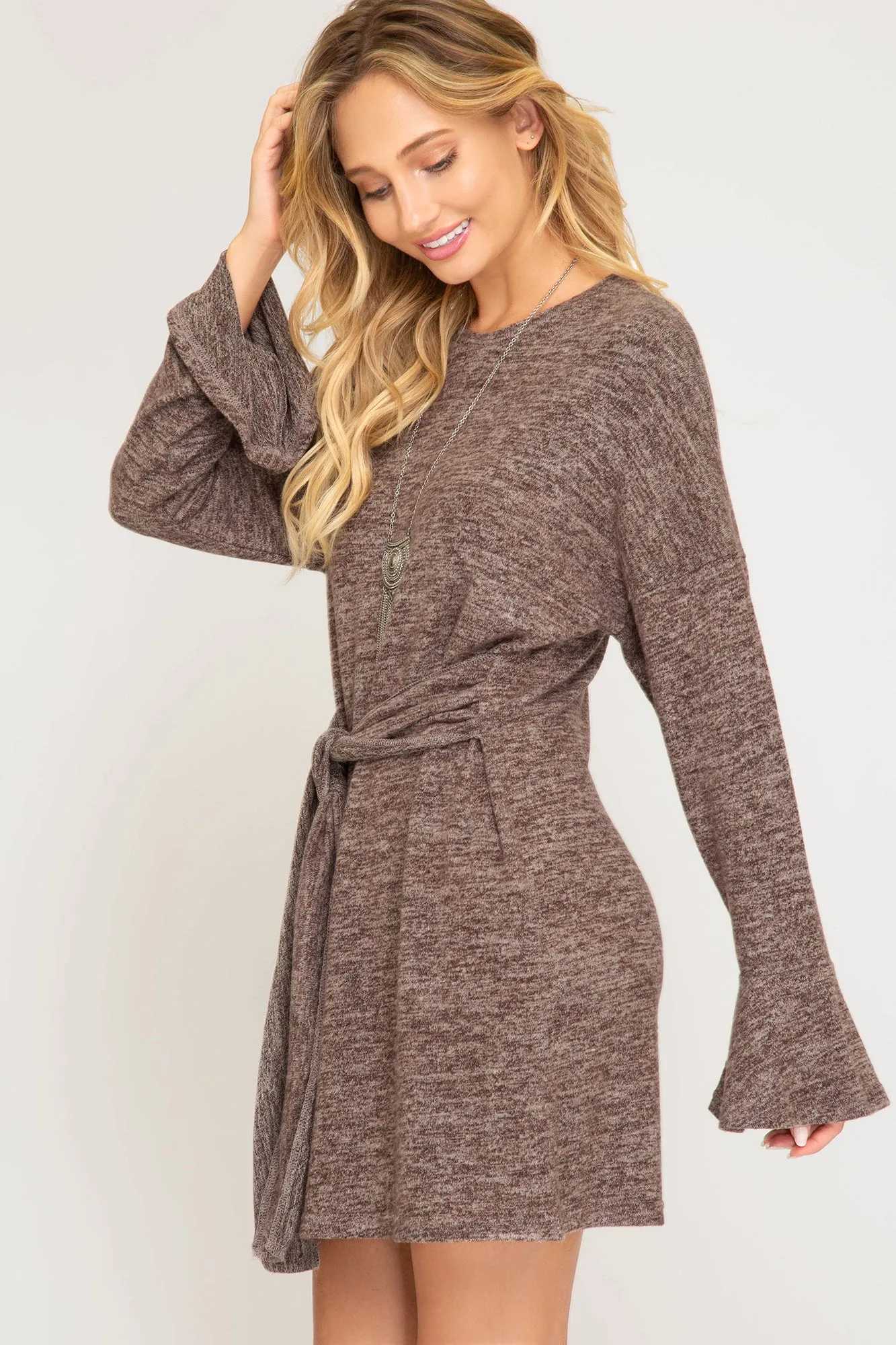 Ruffled long sleeve brushed knit dress with front tie