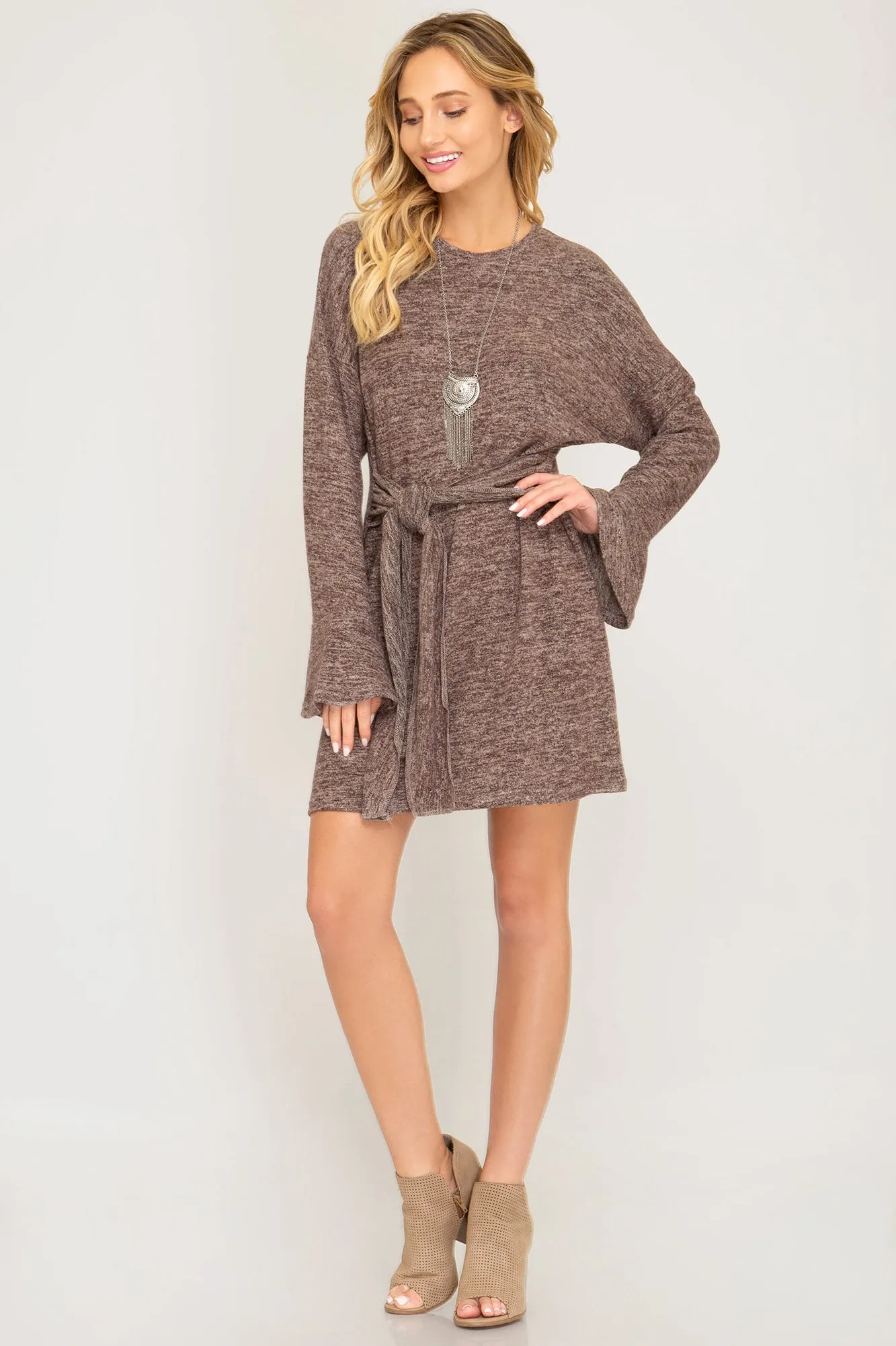 Ruffled long sleeve brushed knit dress with front tie