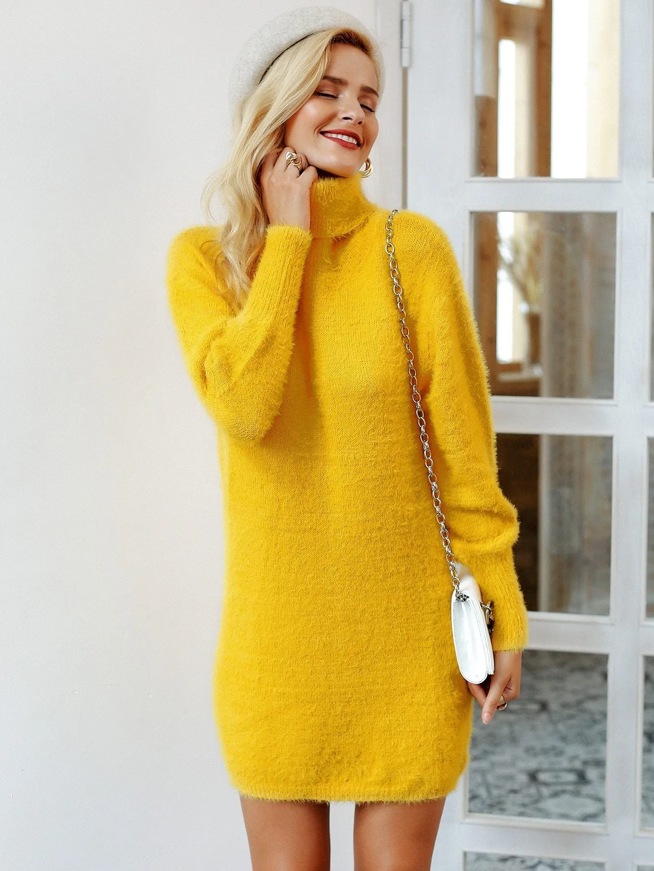 Simplee Turtle Neck Fuzzy Jumper Dress