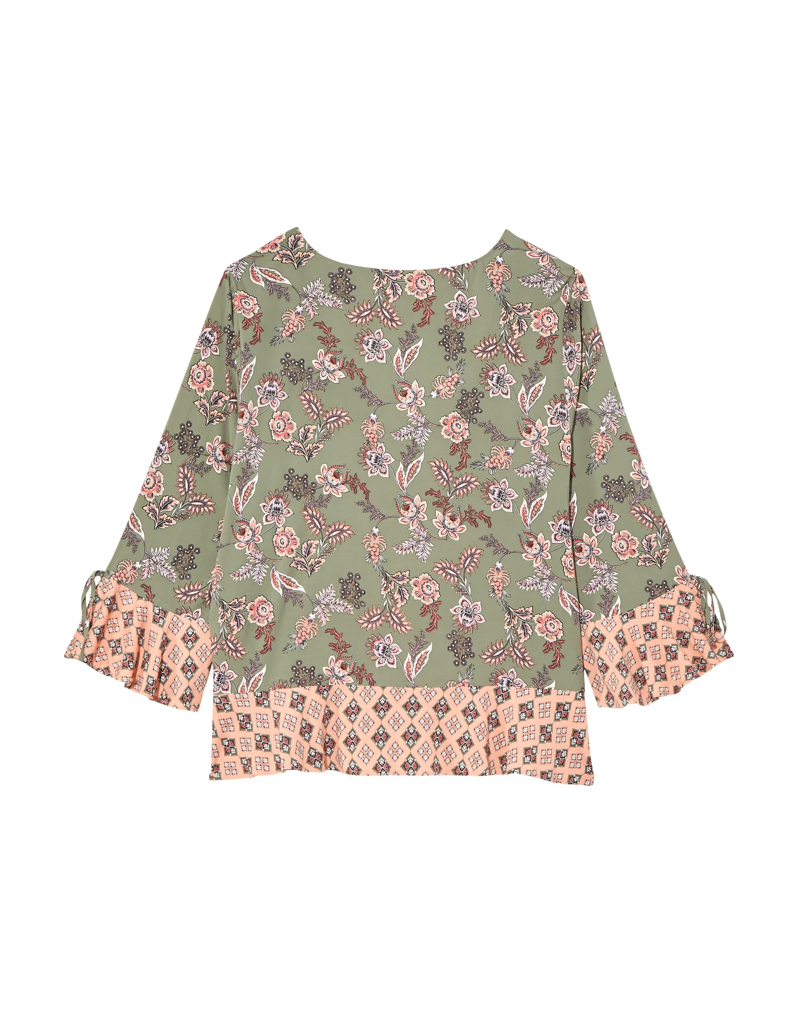 Teresa Ruffle Sleeve Blouse | Olive Green / Pink