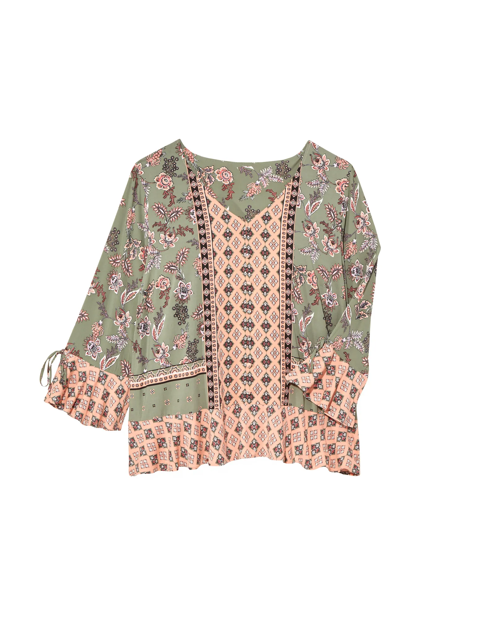 Teresa Ruffle Sleeve Blouse | Olive Green / Pink