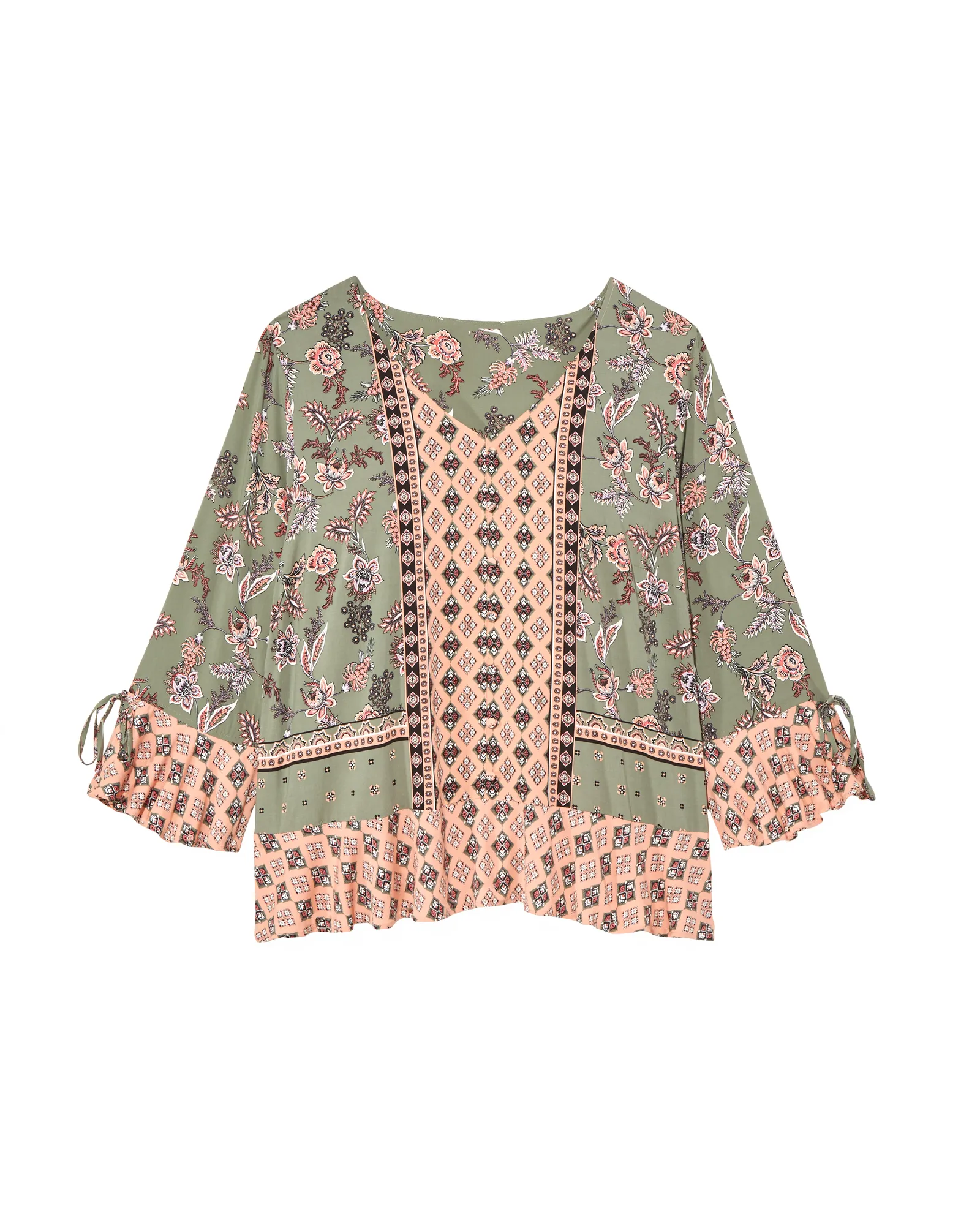 Teresa Ruffle Sleeve Blouse | Olive Green / Pink