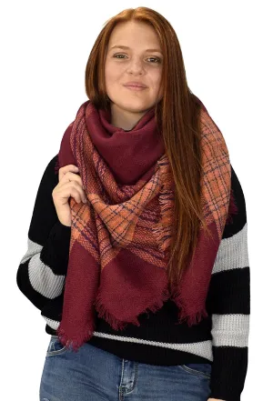 Warm Woven Oversized Striped Tartan Plaid Blanket Scarf Shawl Maroon