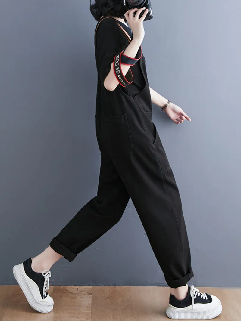 Women's Denim Loose Shoulder Strap Large Size Black Overalls