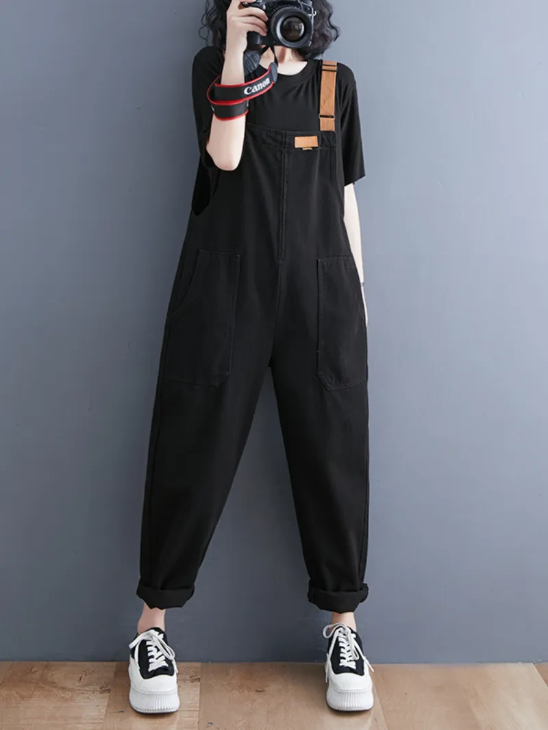 Women's Denim Loose Shoulder Strap Large Size Black Overalls