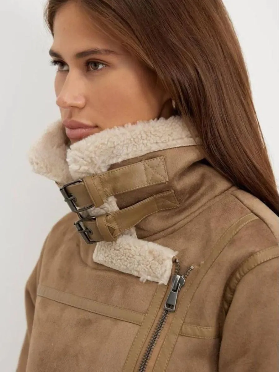 Women's Elegant Suede Warm Winter Jacket with Lambswool | Ideal for Autumn/Winter