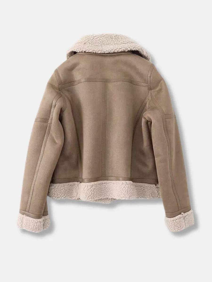 Women's Elegant Suede Warm Winter Jacket with Lambswool | Ideal for Autumn/Winter